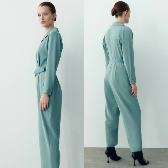 ZARA LONG BELTED JUMPSUIT TURQUOISE BLUE - Picture 4 of 13